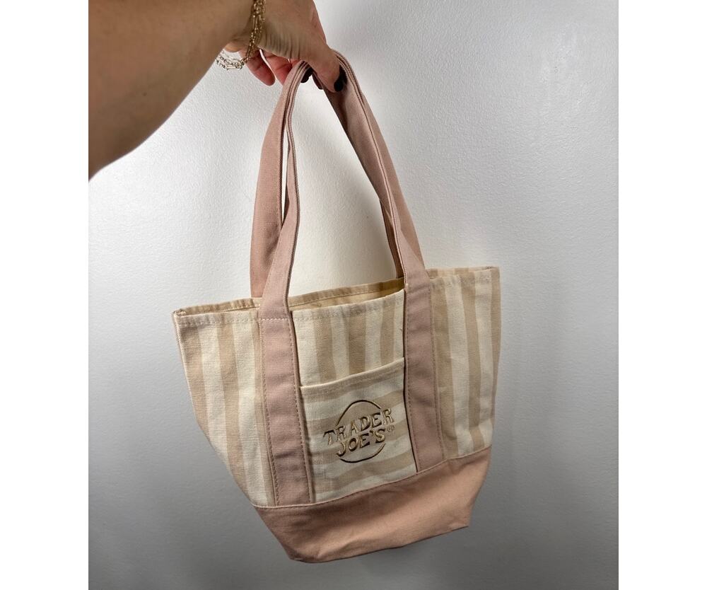 Trader Joe's Mini Pastel Striped Canvas Tote Bag - Pink/Beige, Canvas